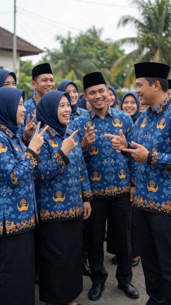 A group of people,  mostly women wearing blue hijabs and men in black peci caps,  are gathered outdoors smiling and posing...