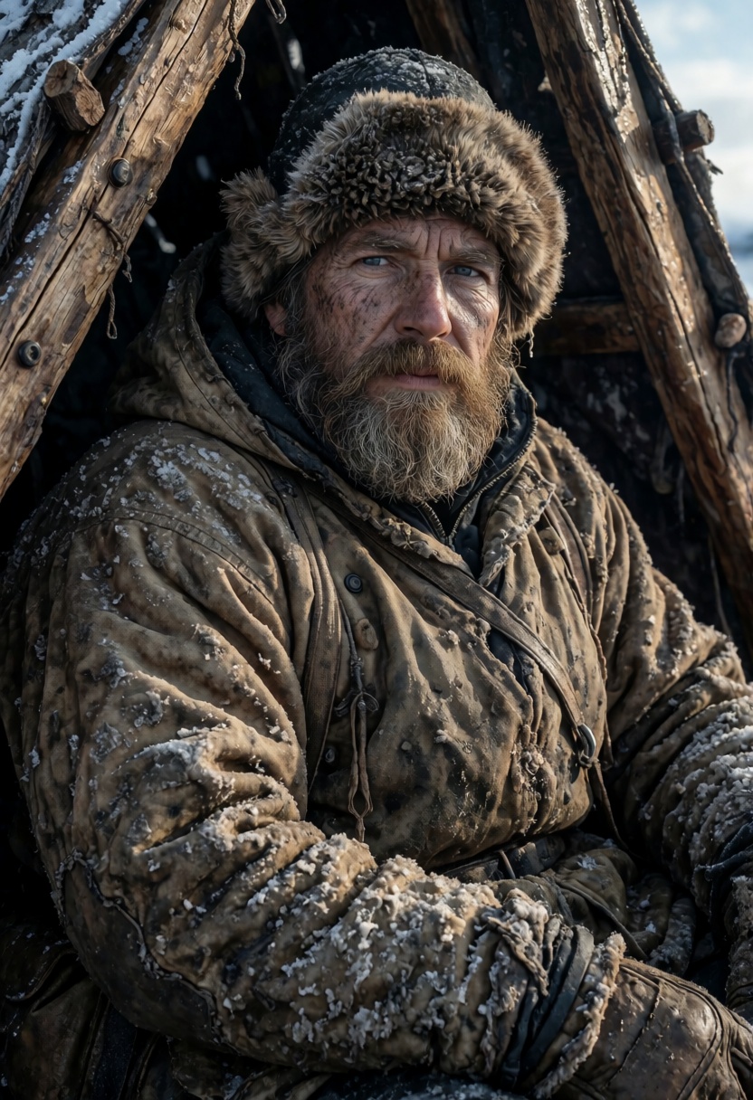A raw,  deeply textured,  large-format photograph capturing a 19th-century arctic explorer on Tensor.Art