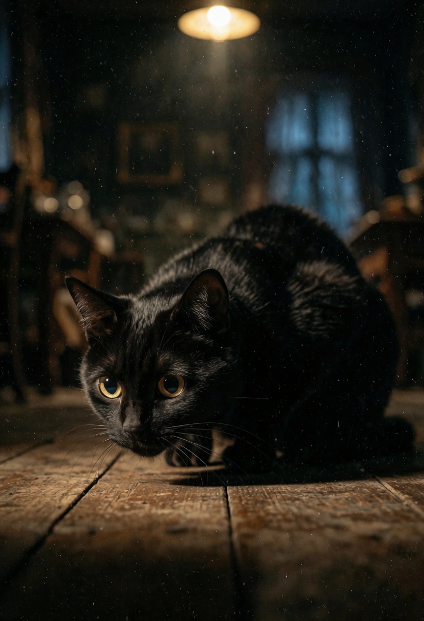 In the faint spill of a distant overhead bulb casting a single pool of warm light across an old wooden floor,  a very low...