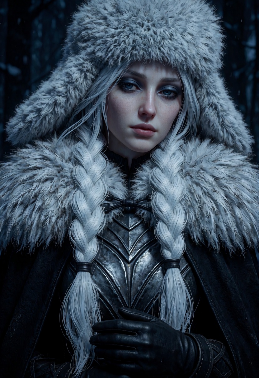 Create an image of a pale-skinned woman with long,  braided white hair wearing a fur hat. Her eyes have heavy,  dark eyeli...
