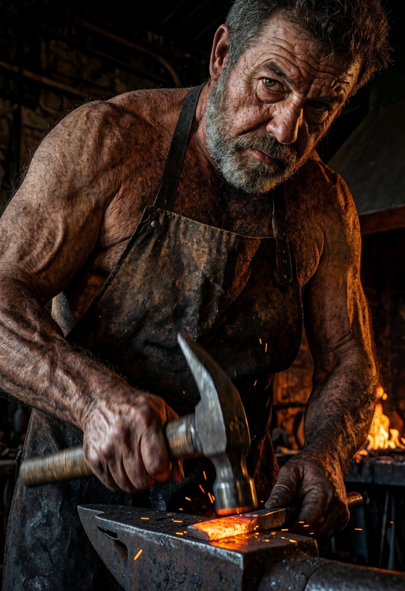 A deeply textured,  environmental portrait of a master blacksmith in his dimly lit forge,  captured with a prime lens and...