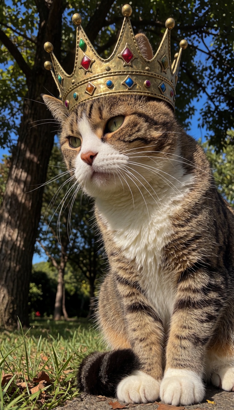 photo of whimsical cat with pointily sharp kings crown,  outdoor,  low angle on Tensor.Art
