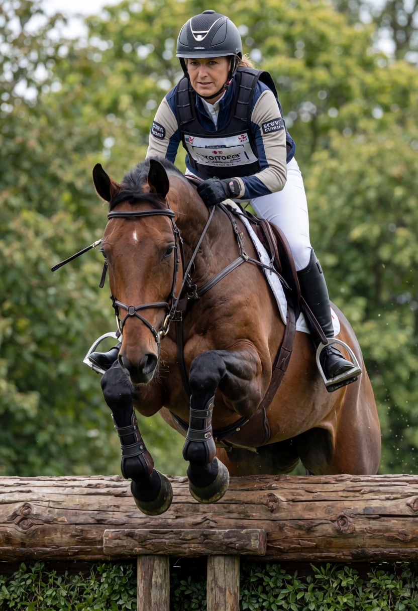 A documentary-style telephoto photograph of a female equestrian,  mid-event in a cross-country jumping competition,  captu...