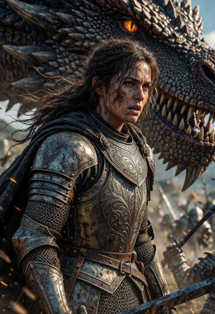 Create a dark fantasy cinematic portrait of a female knight in worn,  engraved medieval armor for a close-up waist-up comp...