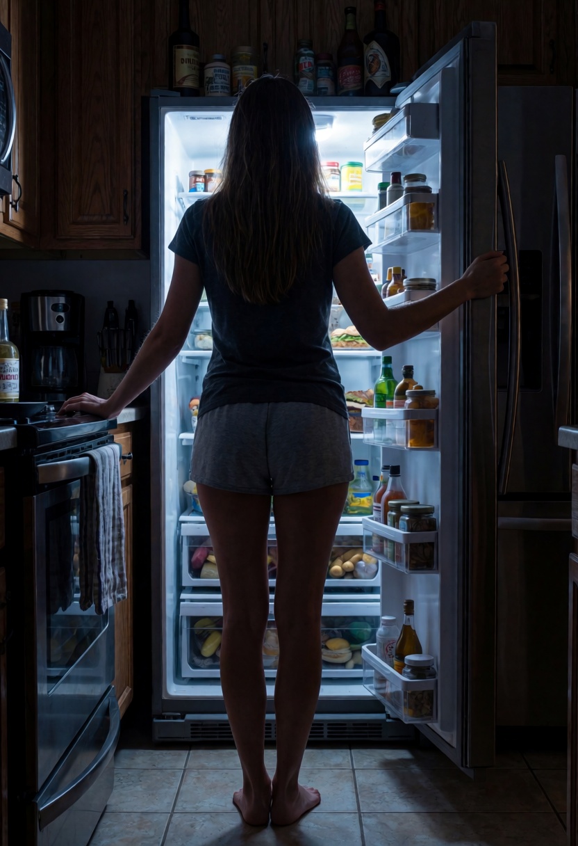 Create a full-body shot from behind of a young woman with long,  straight brown hair,  standing barefoot on the tiled floo...