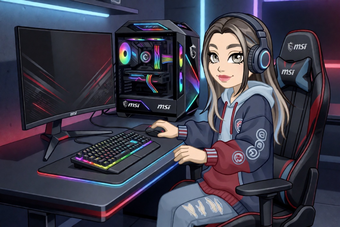 A polished scene in the authentic Woozworld avatar style featuring exactly one female gamer character,  fully visible,  si...