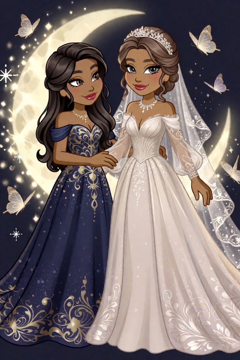 Two ***** female Woozworld avatars,  elegant young woman and beautiful bride,  fully visible on Tensor.Art