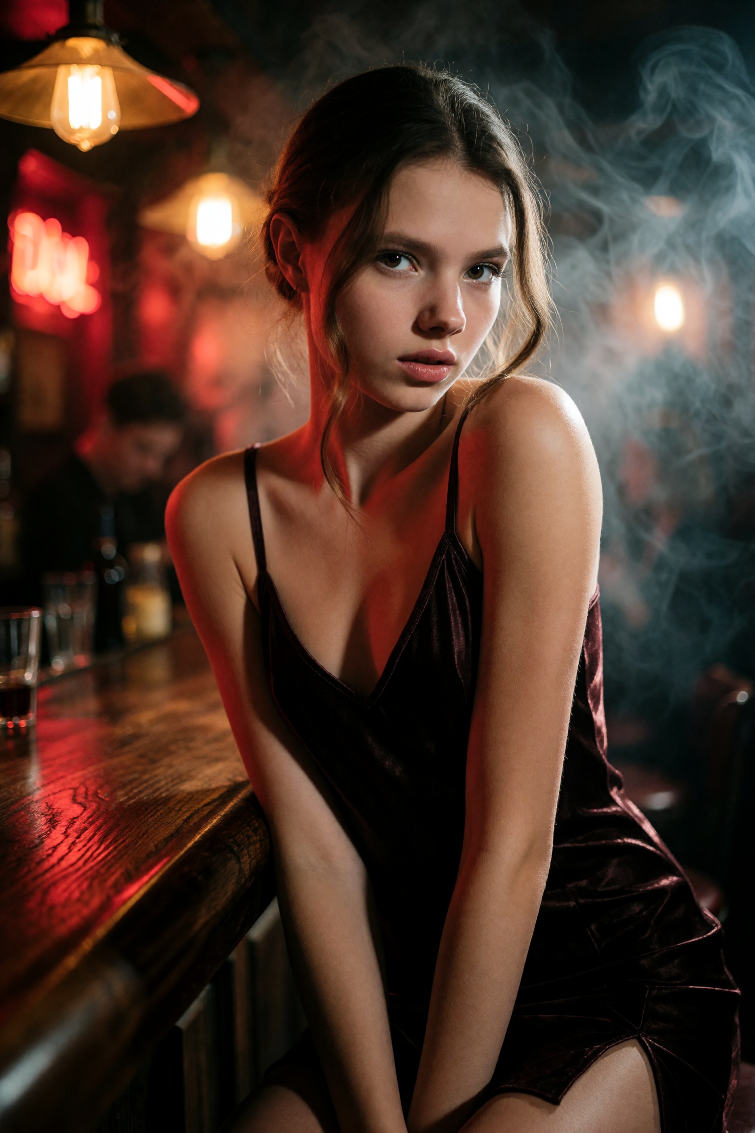 A cinematic close-up portrait of a young slender woman with a delicate,  almost ephemeral bone structure,  caught in the a...