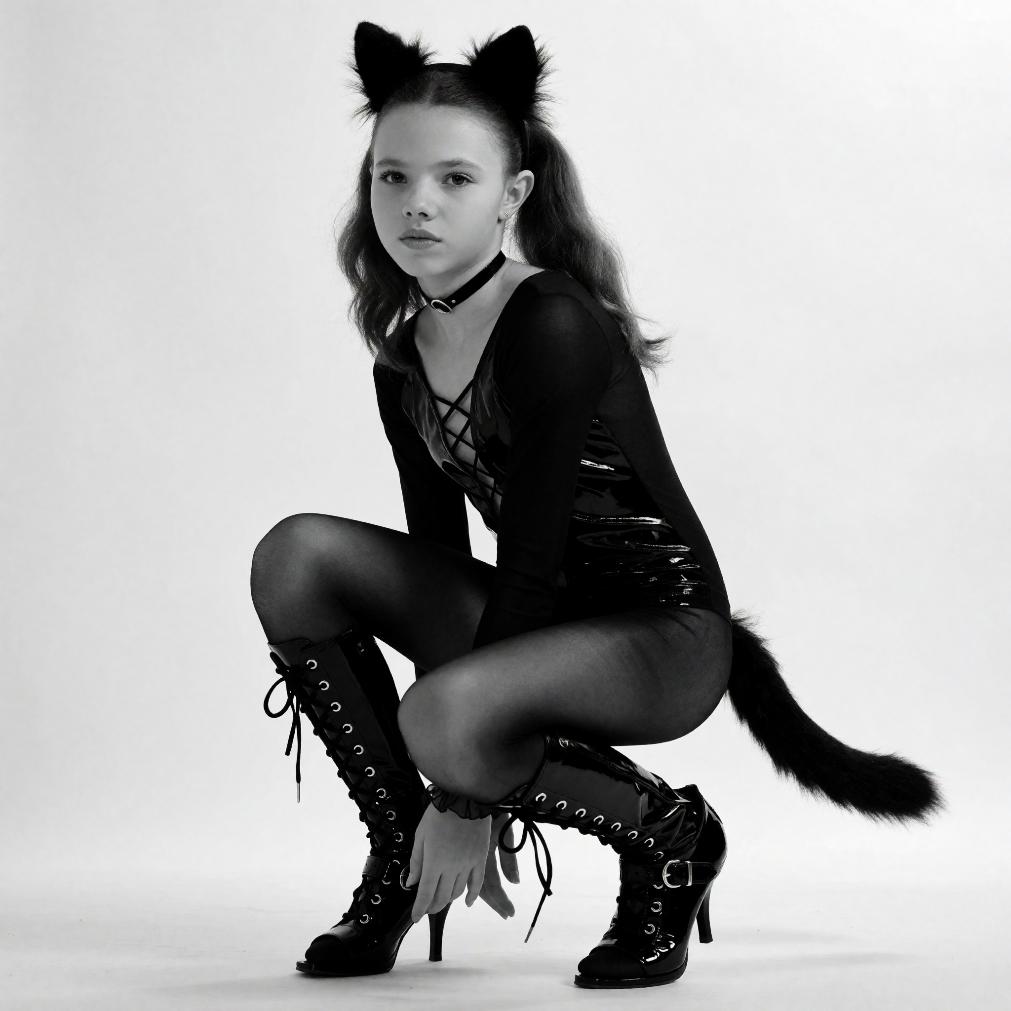 stark b&w photo of A young girl wearing a black,  form-fitting,  sleeveless bodysuit and high-heeled boots. She is crouche...