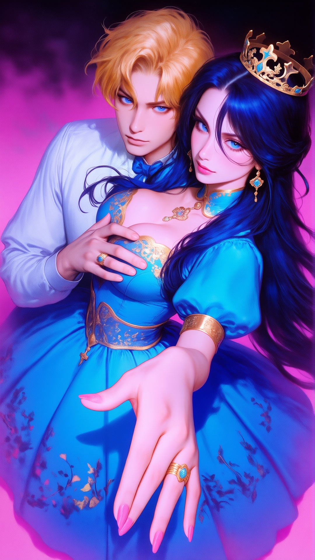 Japanese shojo manga magazine cover. Center foreground: - a vibrant,  stylized scene. "An animated painting of a man and a...