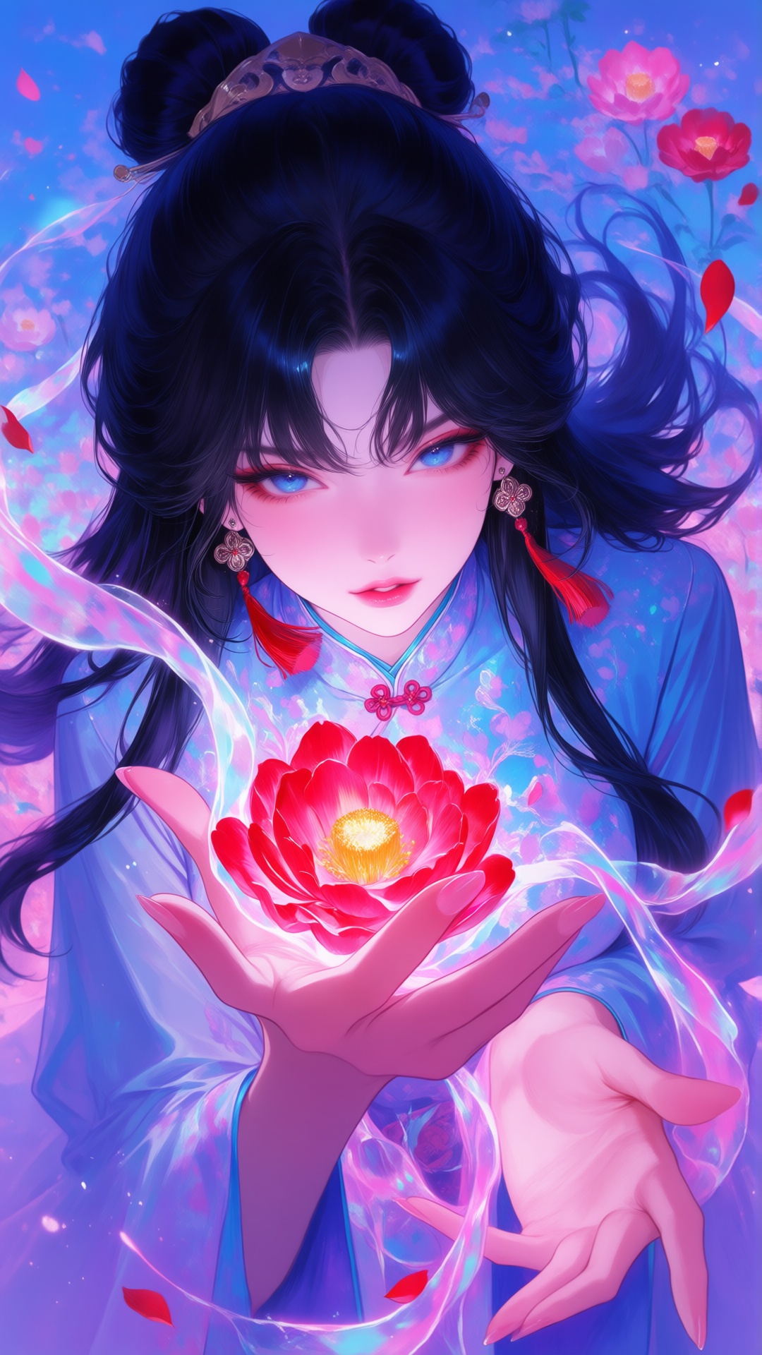 Japanese shojo manga magazine cover. Center foreground: - a vibrant,  stylized scene. "1girl,  solo on Tensor.Art