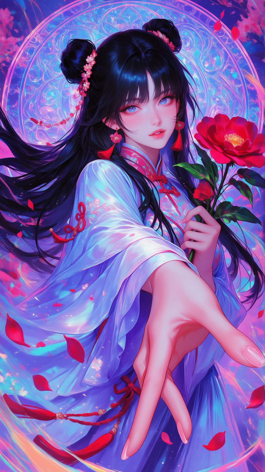 Japanese shojo manga magazine cover. Center foreground: - a vibrant,  stylized scene. "1girl,  solo on Tensor.Art