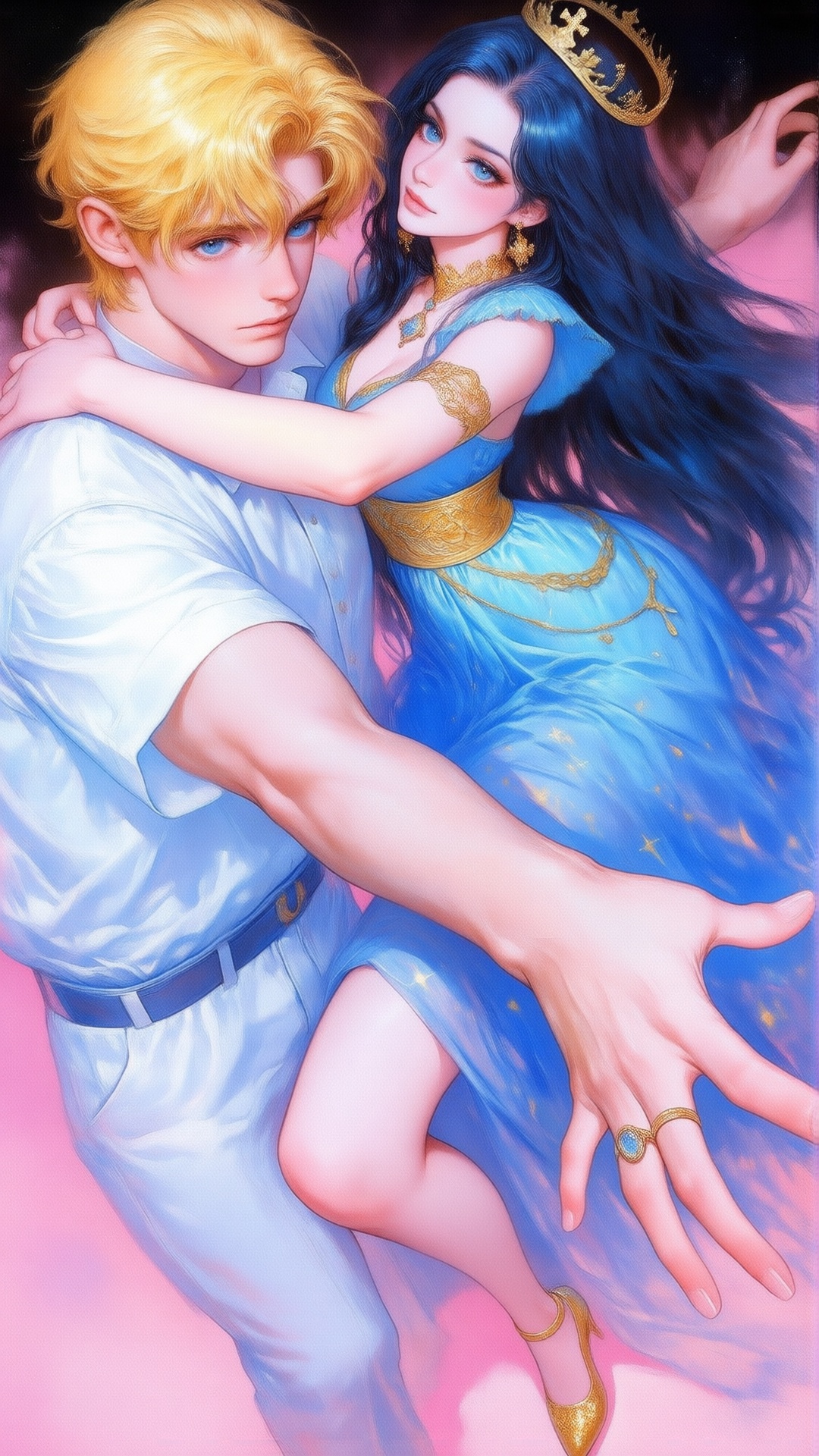 Japanese shojo manga magazine cover. Center foreground: - a vibrant,  stylized scene. "An animated painting of a man and a...