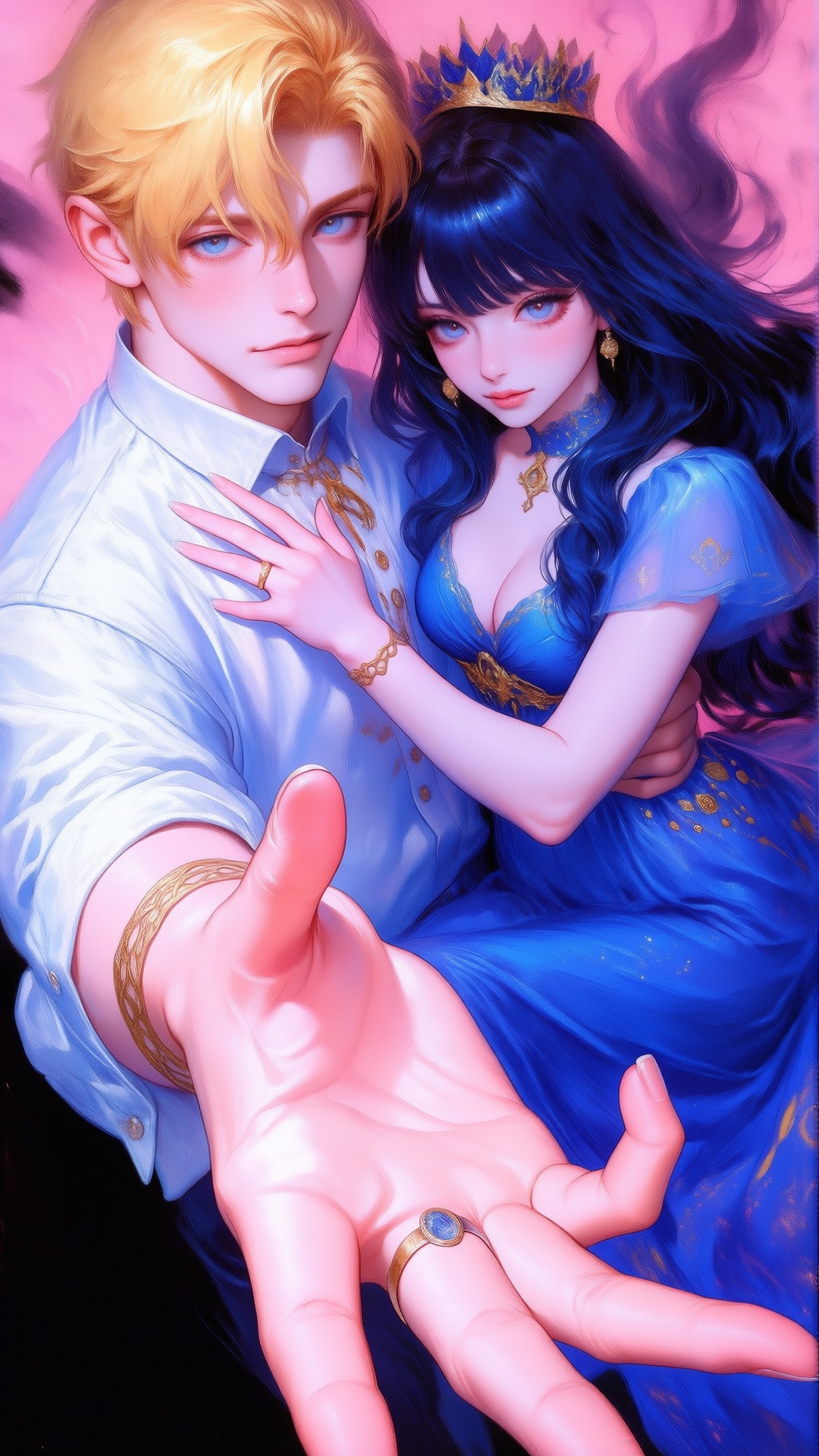 Japanese shojo manga magazine cover. Center foreground: - a vibrant,  stylized scene. "An animated painting of a man and a...