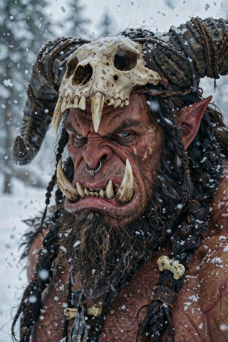 An ultra-detailed,  photorealistic cinematic close-up portrait of a fierce red-skinned Orc chieftain warrior in a snowy en...
