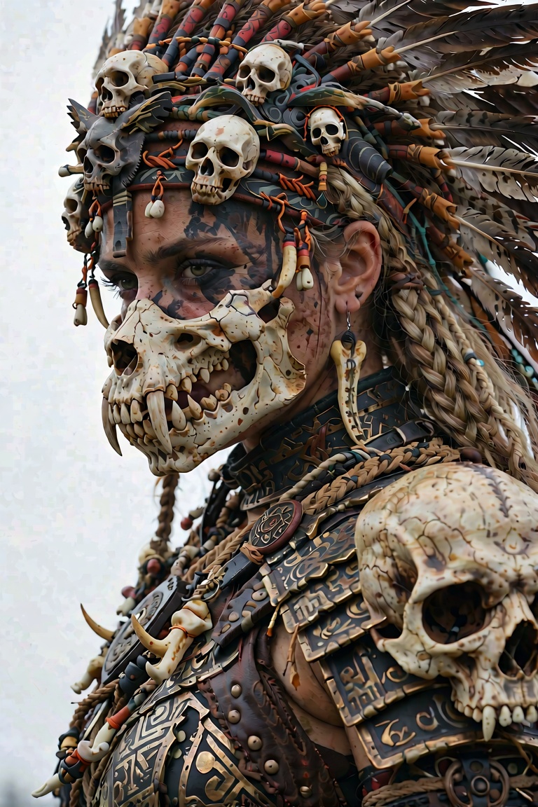 An ultra-detailed,  photorealistic cinematic side-profile portrait of a fierce tribal barbarian warrior queen,  dark fanta...