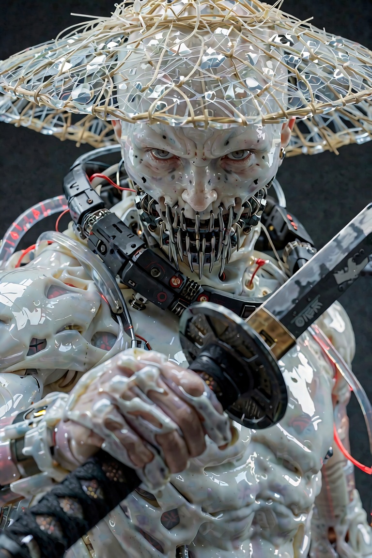 An ultra-detailed,  photorealistic cinematic close-up shot of a terrifying cyberpunk ronin cyborg swordsman,  futuristic b...