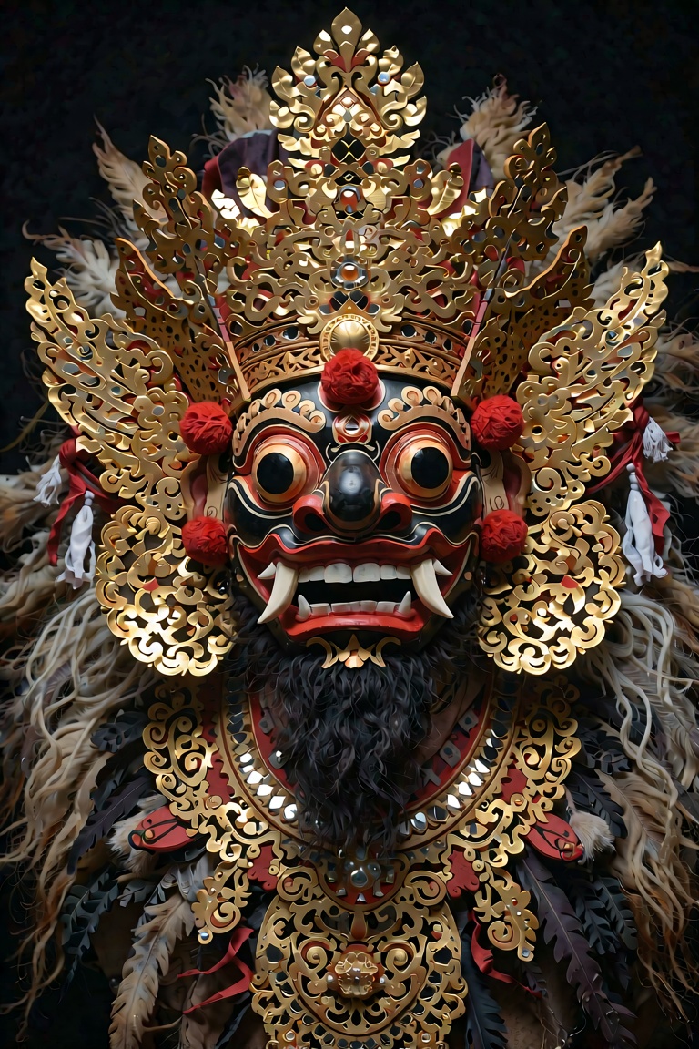 An ultra-detailed,  photorealistic cinematic close-up studio portrait of a sacred Balinese Barong Ket mask,  dark cultural...