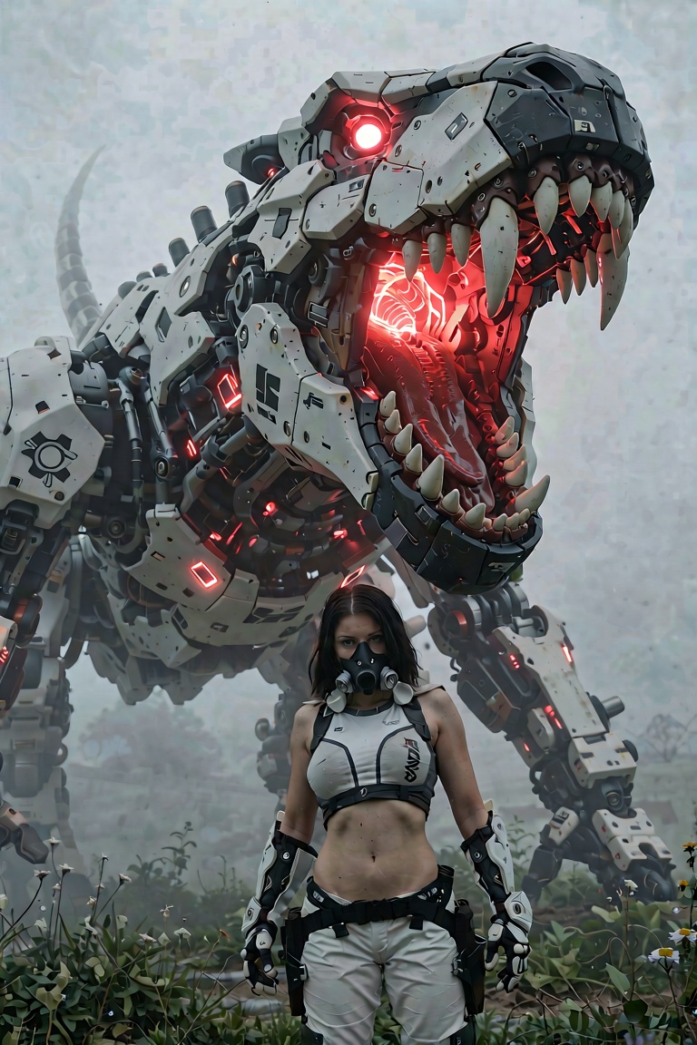 An ultra-detailed,  photorealistic cinematic wide shot of a female survivor standing in front of a colossal biomechanical...