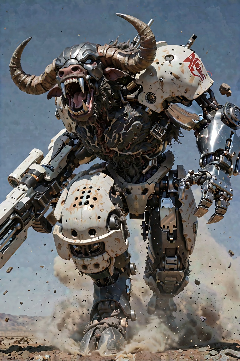 An ultra-detailed,  photorealistic cinematic low-angle full-body shot of a colossal biomechanical minotaur cyborg monster...