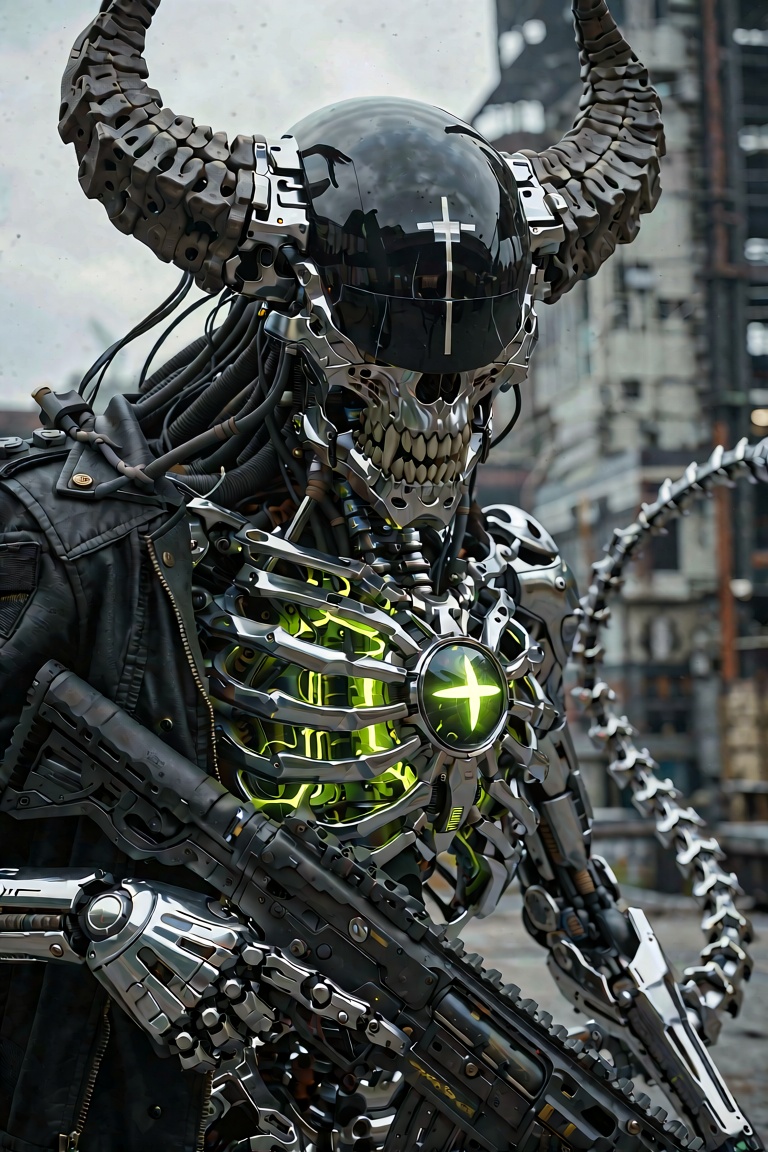 An ultra-detailed,  photorealistic cinematic portrait of a terrifying biomechanical demonic cyborg soldier,  medium close-...