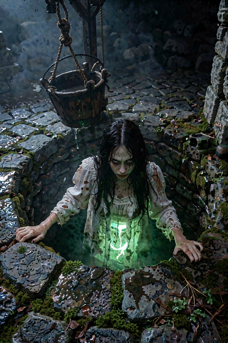 An ultra-detailed,  photorealistic cinematic medium shot of a terrifying pale female ghost emerging from an ancient stone...