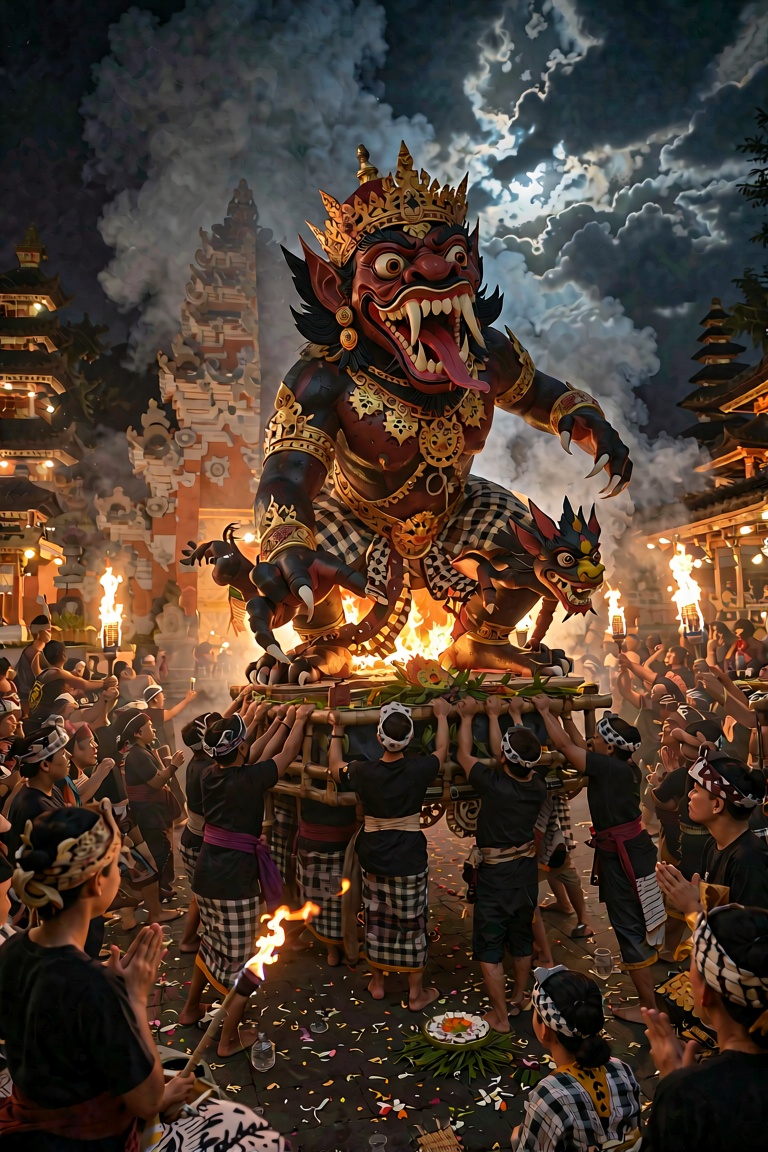 An ultra-detailed,  photorealistic cinematic wide-angle shot of a massive,  terrifying Balinese Ogoh-ogoh statue being car...