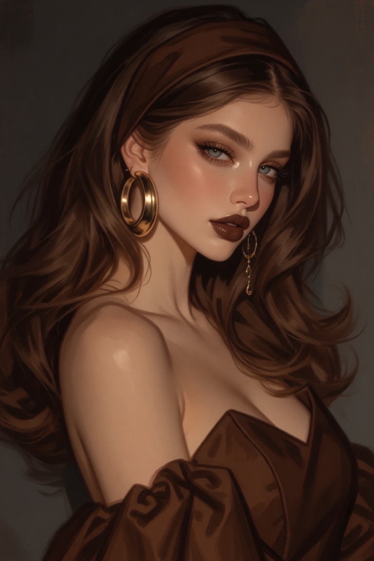 A digital art painting of a woman in a brown strapless dress with a brown headband on her head. The woman's hair is long a...
