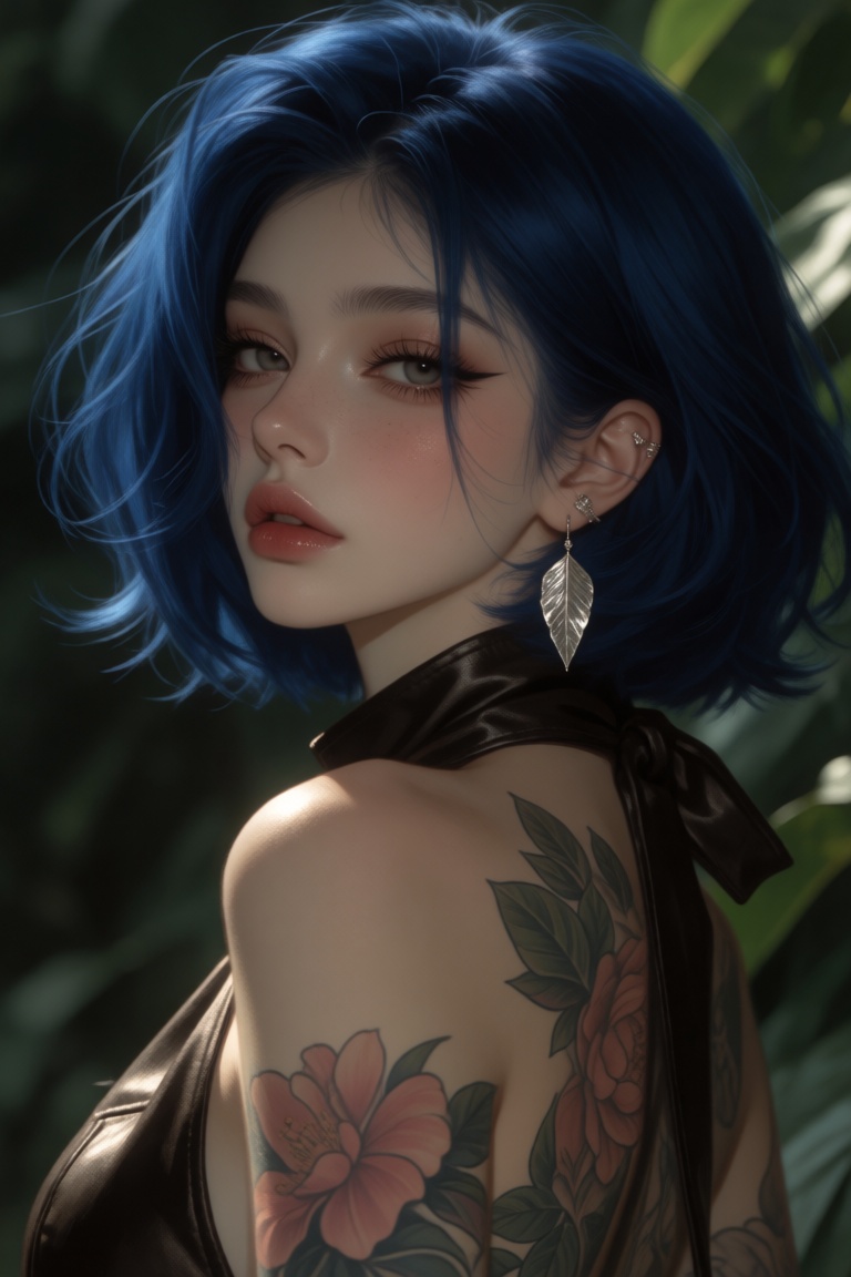 A young woman with She has voluminous,  deep blue hair with a clean center part with soft face-framing strands. She's look...