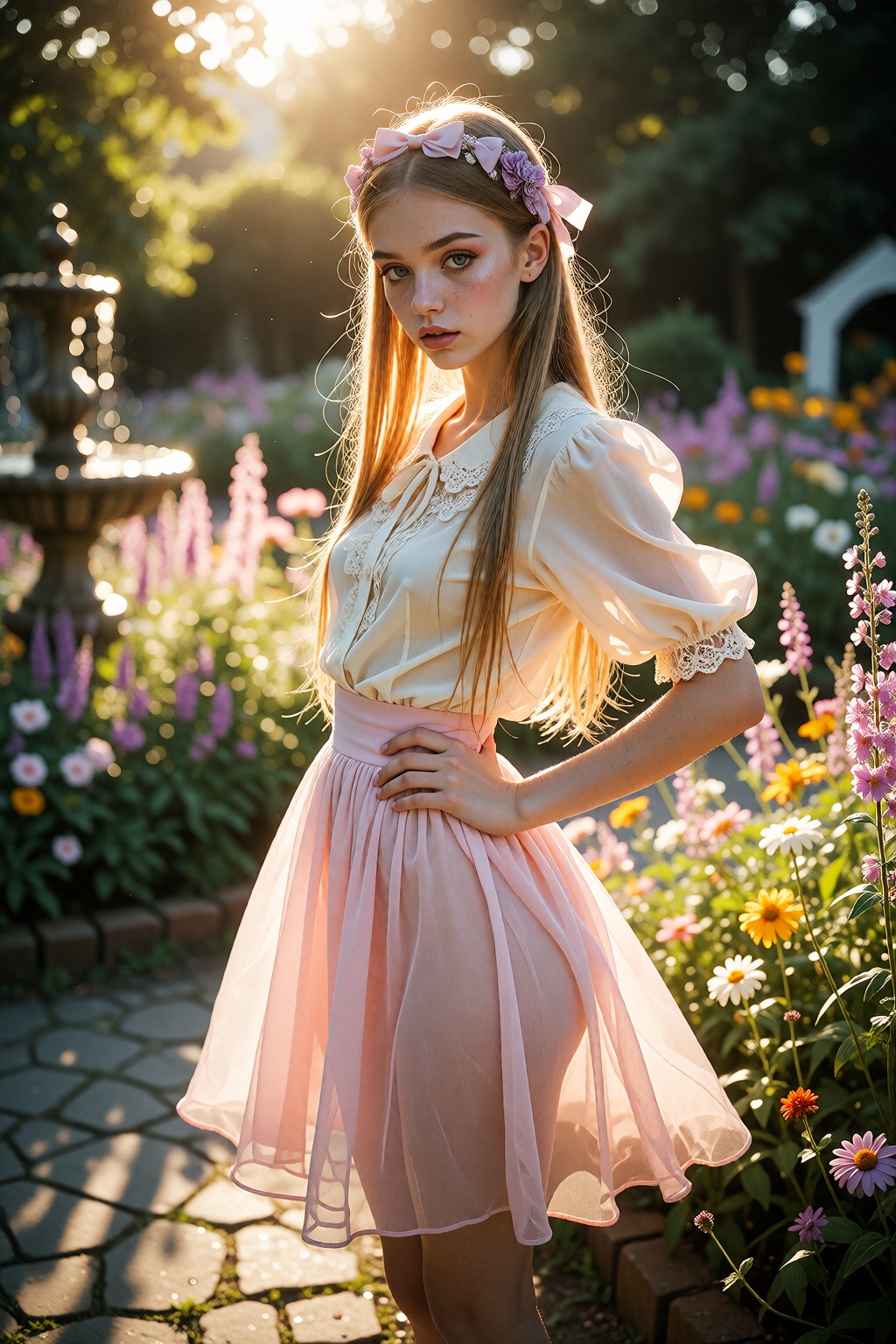 A beautiful young woman standing gracefully in a lush garden during the golden hour,  bathed in the warm,  nostalgic light...