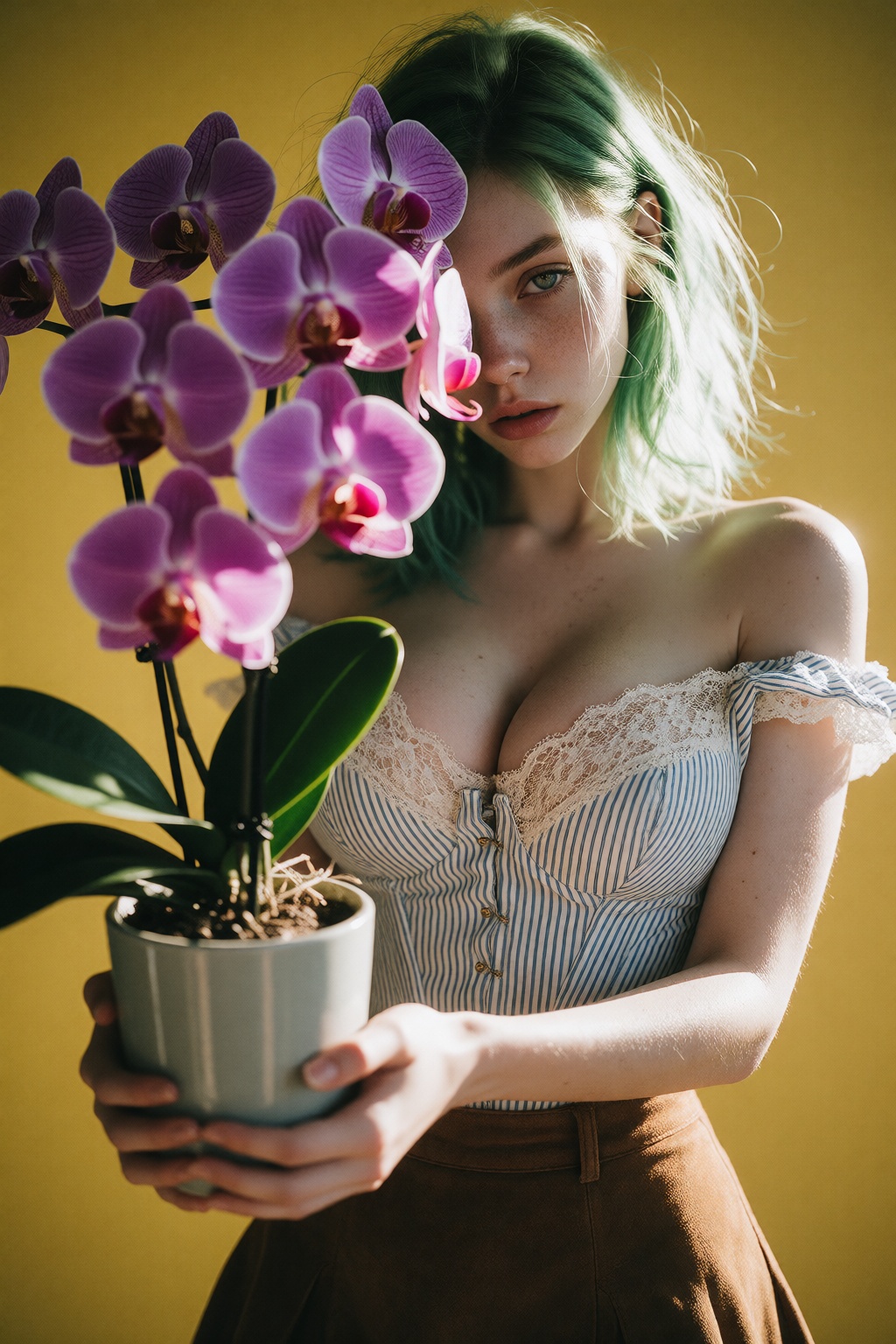 Realistic professional photography,  natural lighting,  portrait of a pale woman with tired eyes and detaield skin. Her gr...