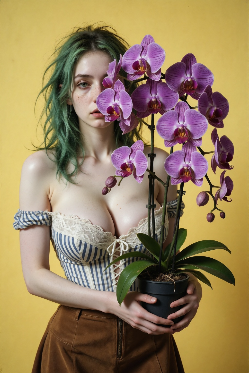 Realistic professional photography,  natural lighting,  portrait of a pale woman with tired eyes and detaield skin. Her gr...