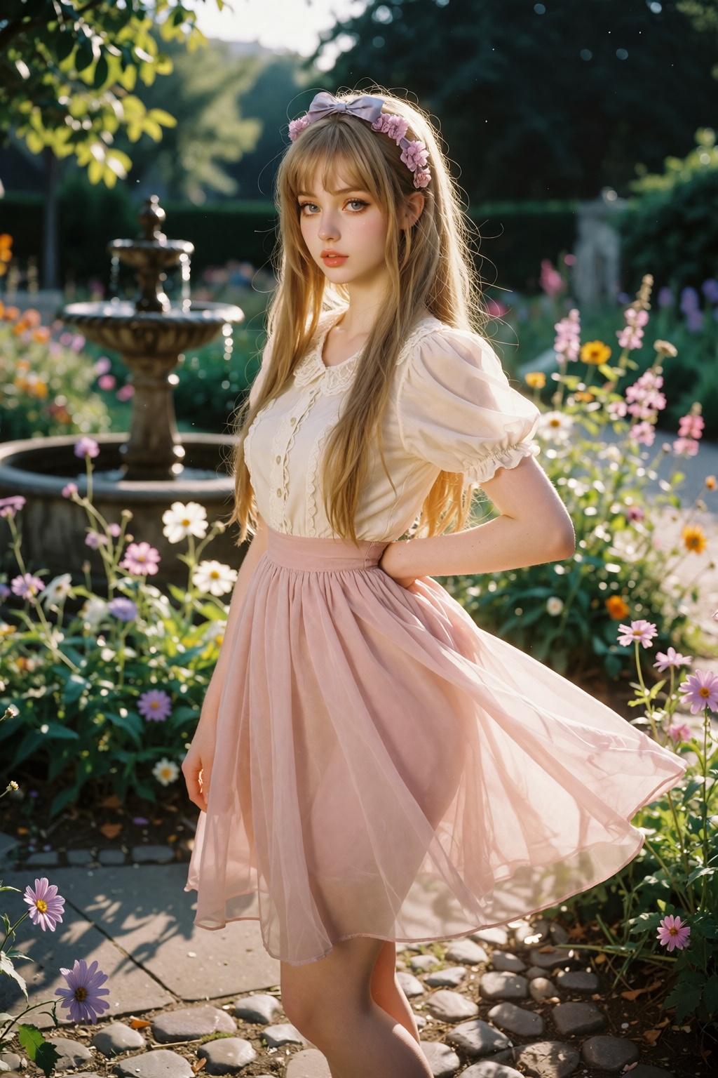 A beautiful young woman standing gracefully in a lush garden during the golden hour,  bathed in the warm,  nostalgic light...