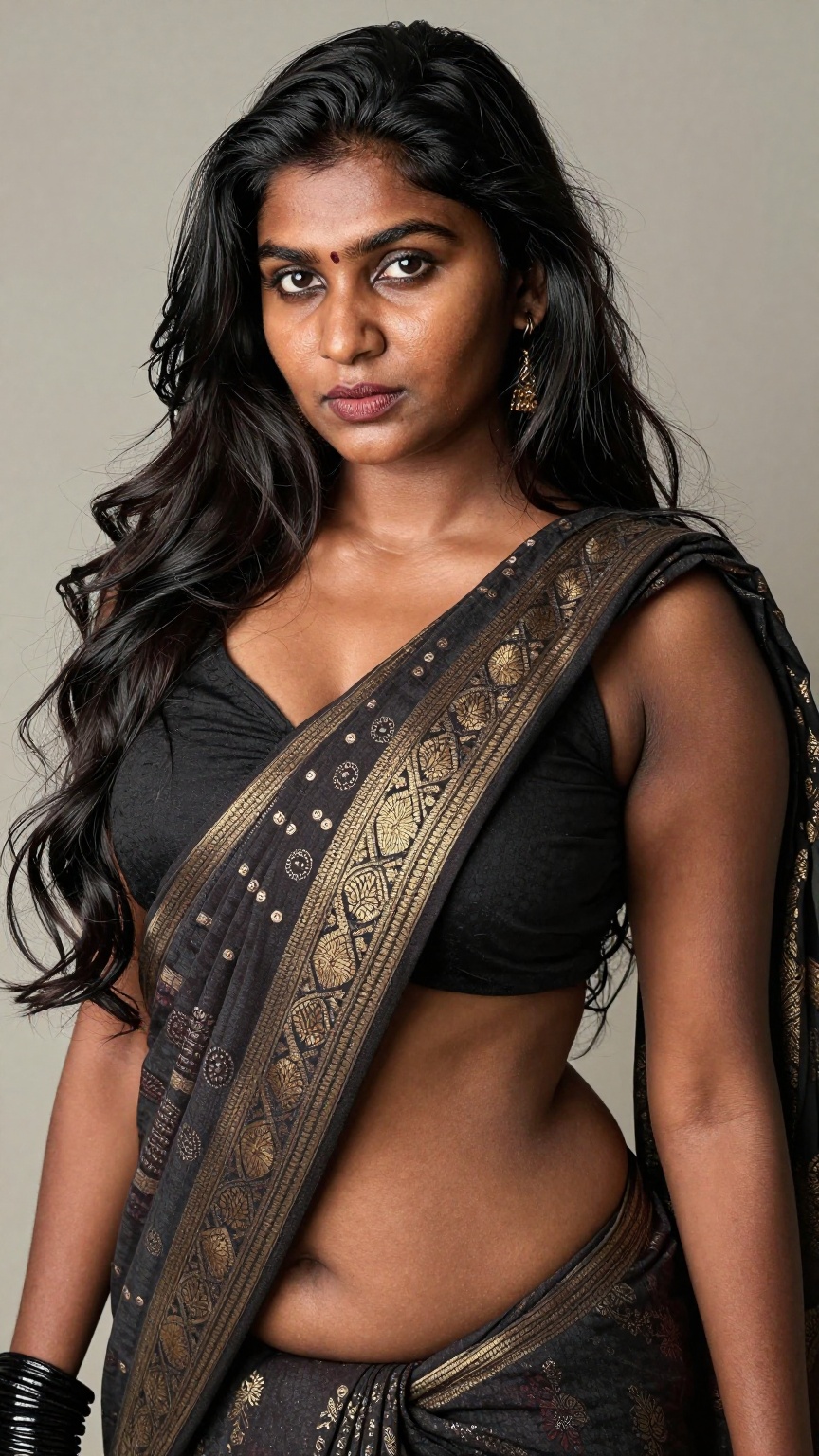 Create a detailed image of an Indian woman with dusky long hair,  a perfect face,  and flawless skin. Add subtle imperfect...