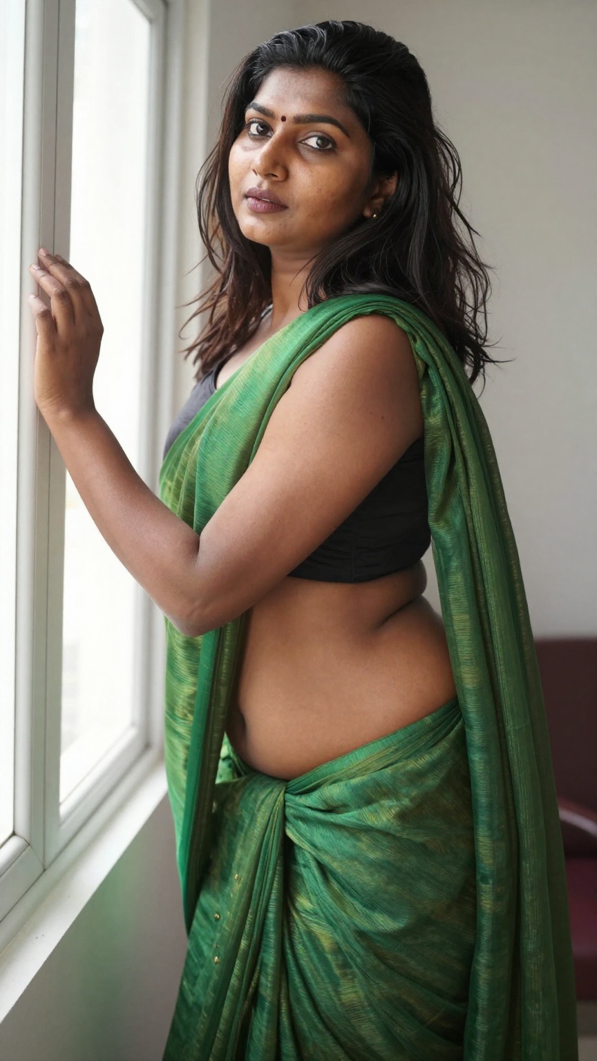 Gorgeous South Indian woman with warm brown skin tone,  natural skin texture with subtle blemishes and pores,  dark hair i...