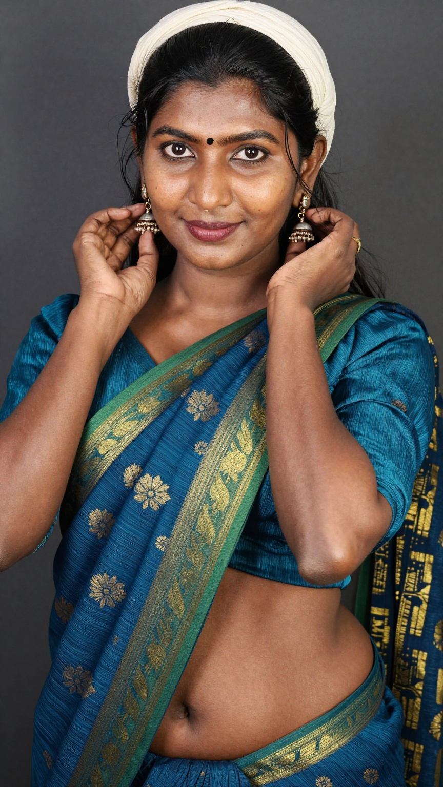 A beautiful young South Indian woman with warm brown skin tone,  fine skin pores,  subtle natural skin texture and minor b...