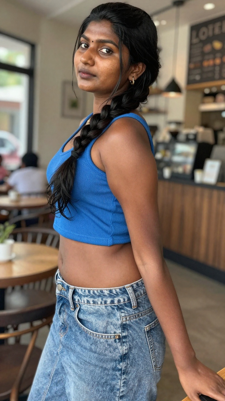hyper realistic young South Indian woman rich deep dark brown skin visible pores natural grain long braid blue crop top ex...