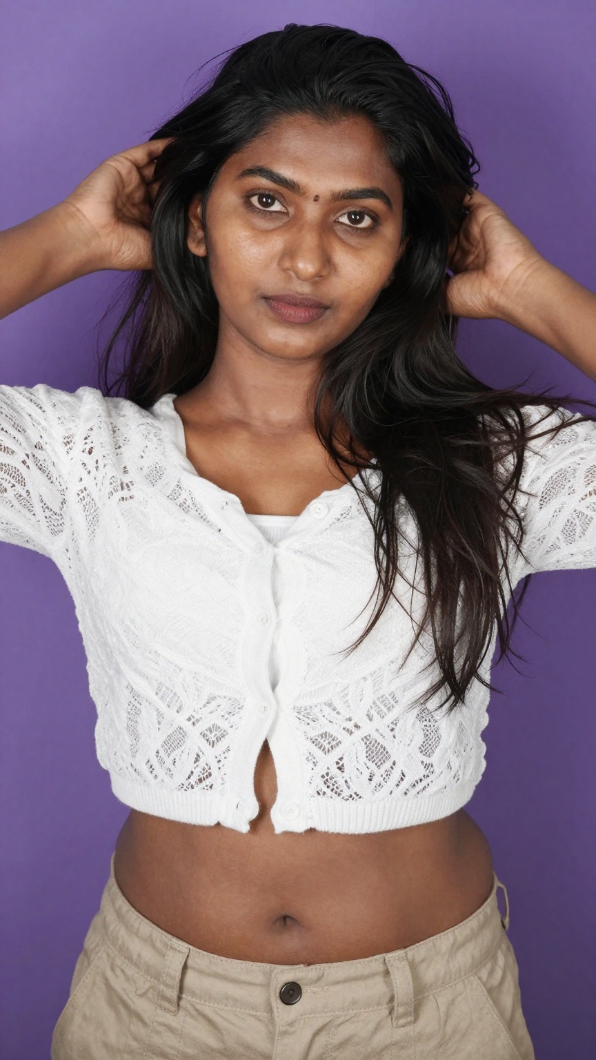 Attractive young South Indian woman with brown skin showing realistic texture,  fine pores and minor imperfections,  dark...