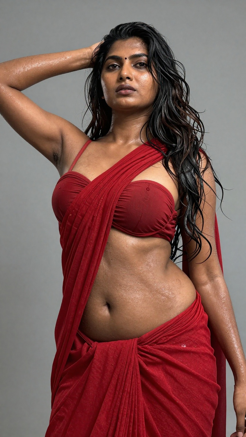 A worm’s-eye low-angle shot captures a young,  slim Mallu woman with extreme wet,  dark skin on Tensor.Art