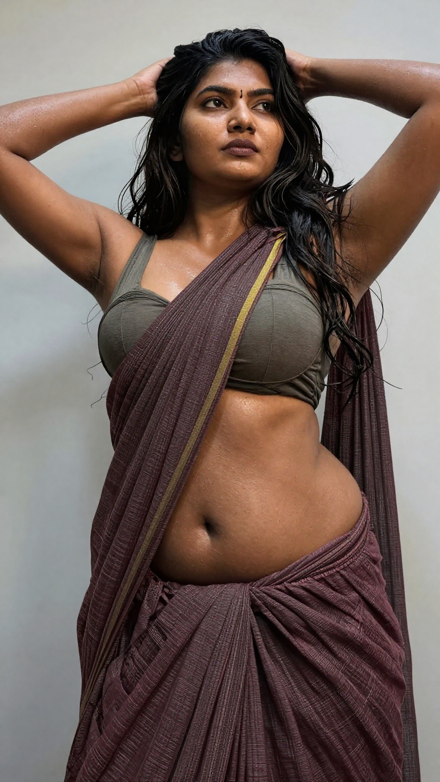A worm’s-eye low-angle shot captures a young,  slim Mallu woman with extreme wet,  olive skin on Tensor.Art