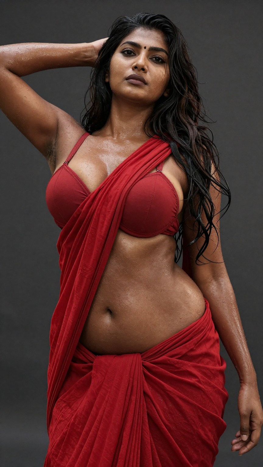 A worm’s-eye low-angle shot captures a young,  slim Mallu woman with extreme wet,  brown skin on Tensor.Art
