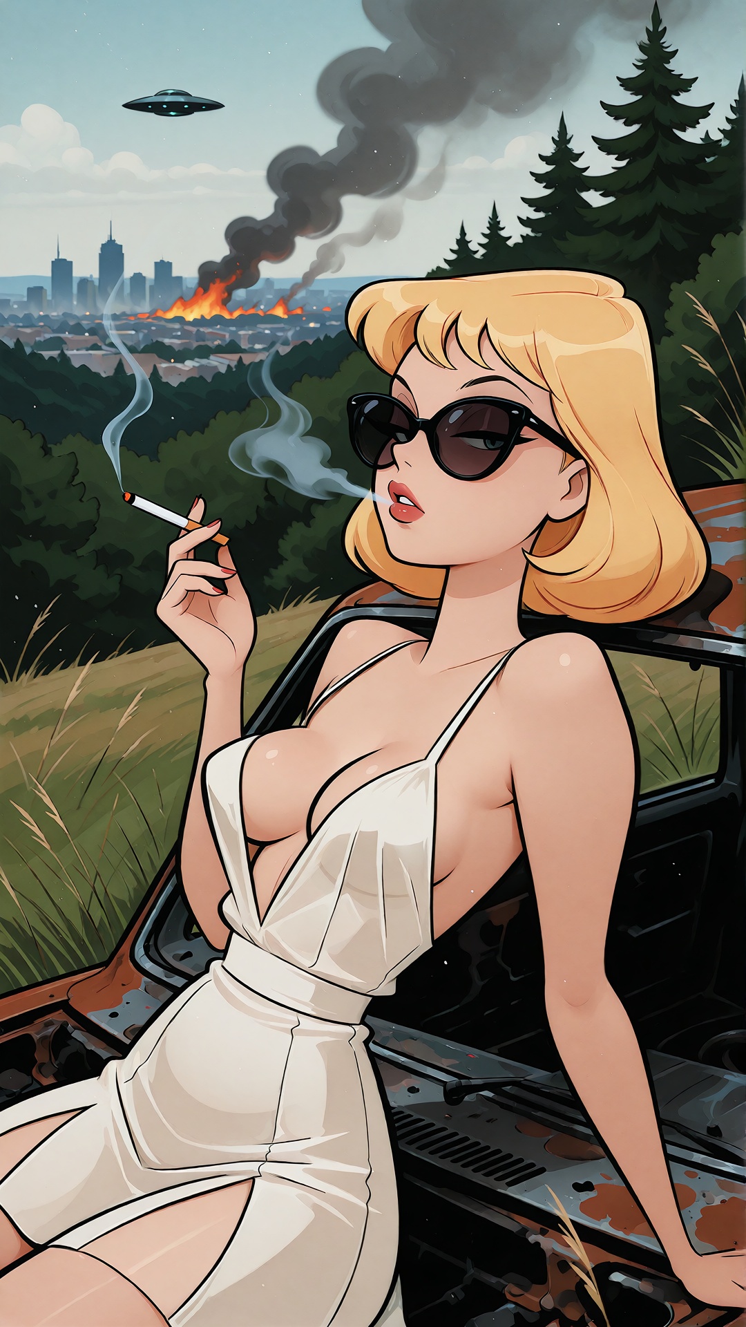 closeup portrait,  vintage anime,  A stunning blonde woman wearing oversized sunglasses on Tensor.Art