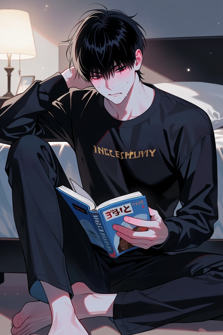 1boy,  solo,  sitting on the floor against a bed on Tensor.Art