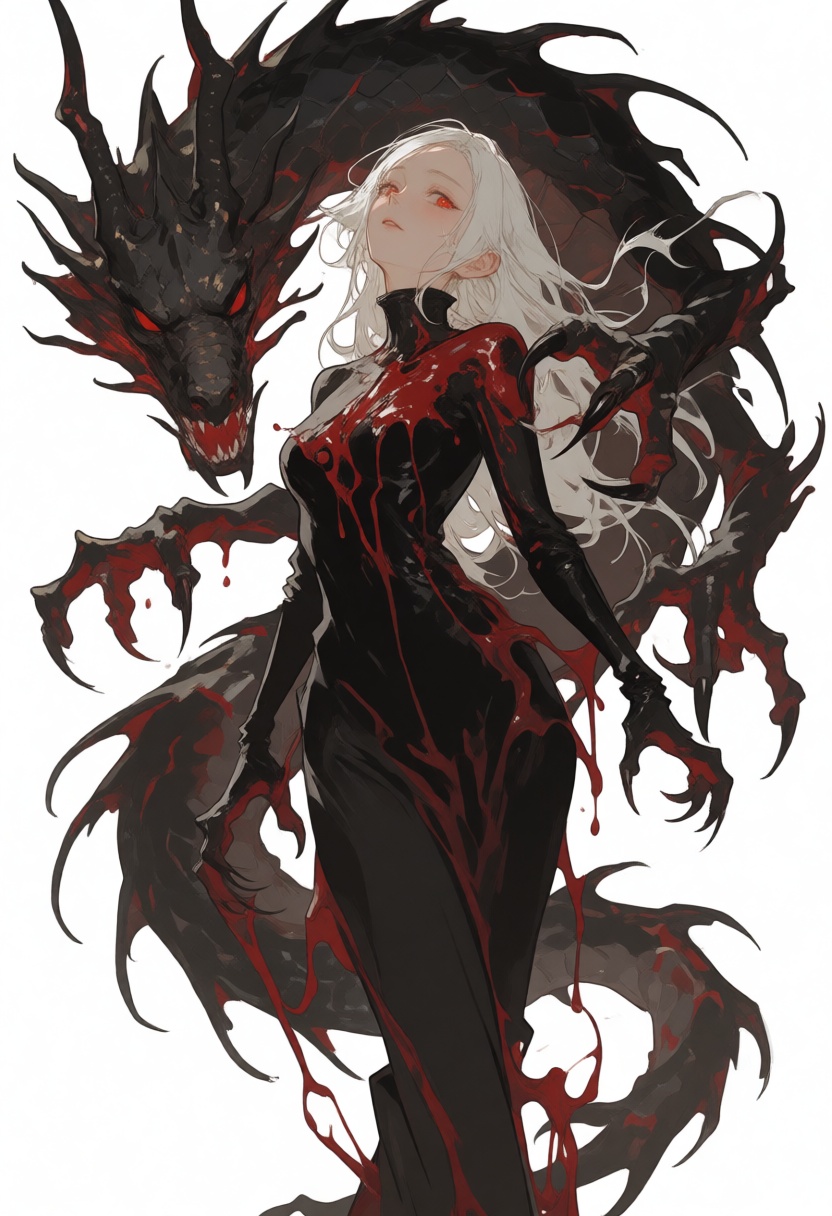 niji-siji,  A beautiful woman with white hair and red eyes,  being consumed by the dark claws of a black dragon. Her body...