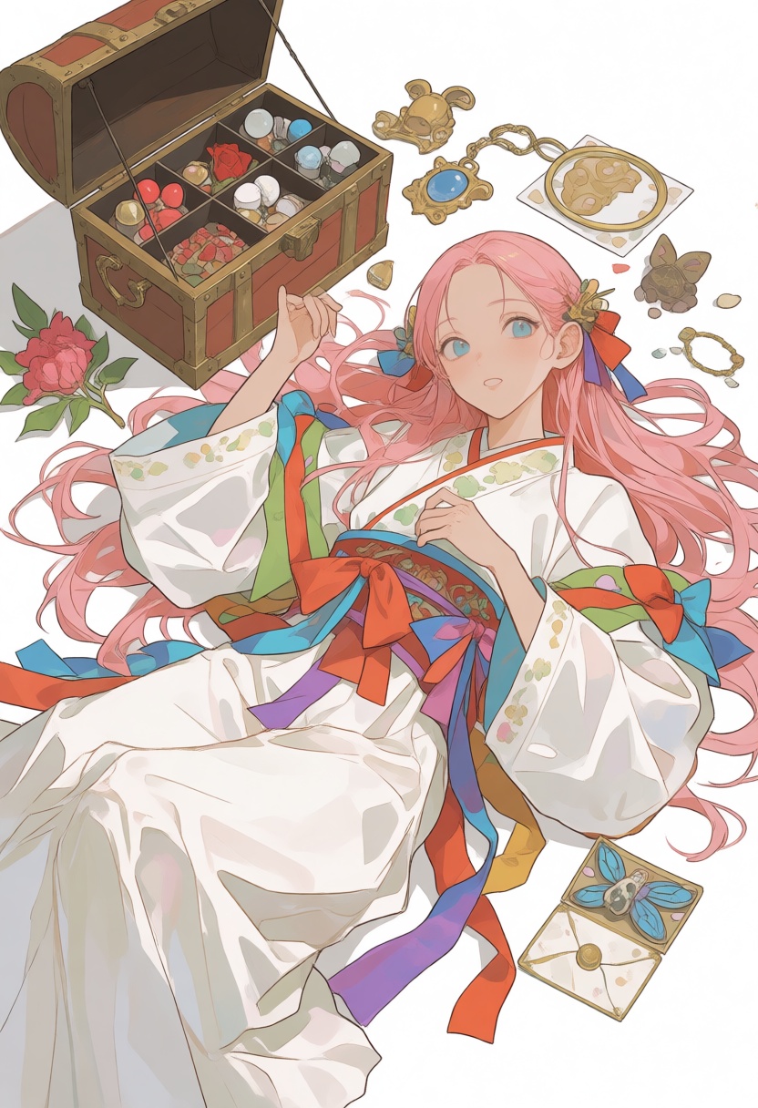 niji-siji,  A detailed illustration of cute anime characters surrounded by various items,  including and accessories. The...