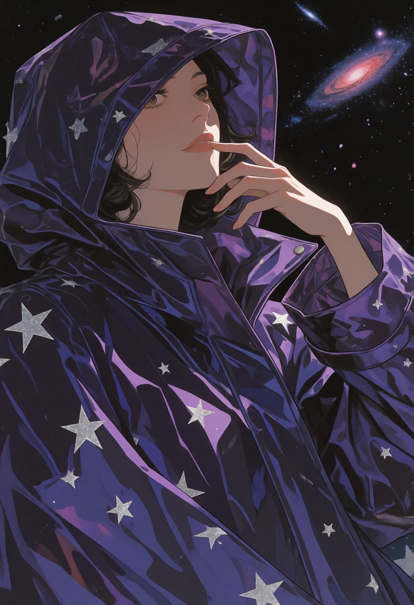 niji-siji,  A close-up of an elegant,  dark purple raincoat with silver stars on it on Tensor.Art