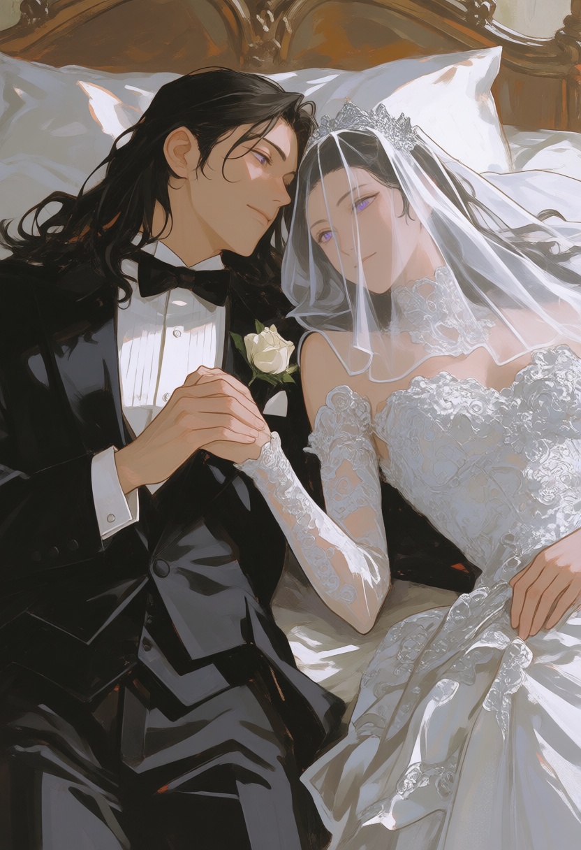 niji-siji,  anime style,  A young man in black tuxedo and long hair is lying on the bed on Tensor.Art