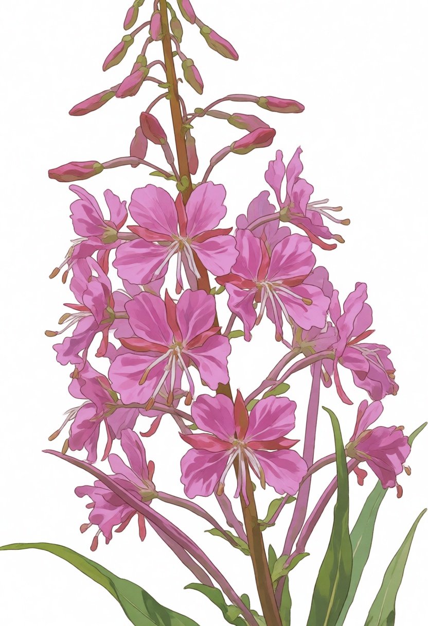 niji-siji,  Close-up of fireweed on a white background,  The pink flowers were painted on anime. on Tensor.Art