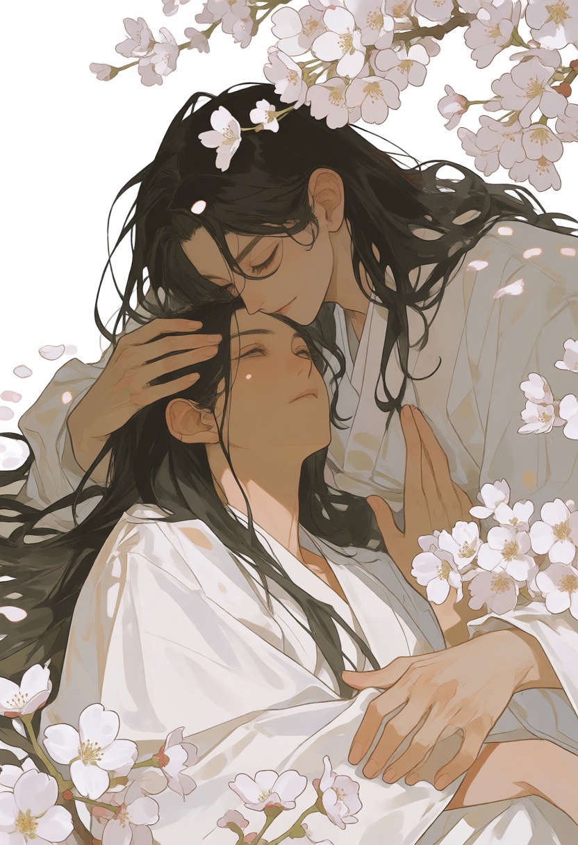 niji-siji,  An anime-style illustration of two people lying under cherry blossoms,  the man holding his girlfriend's head...
