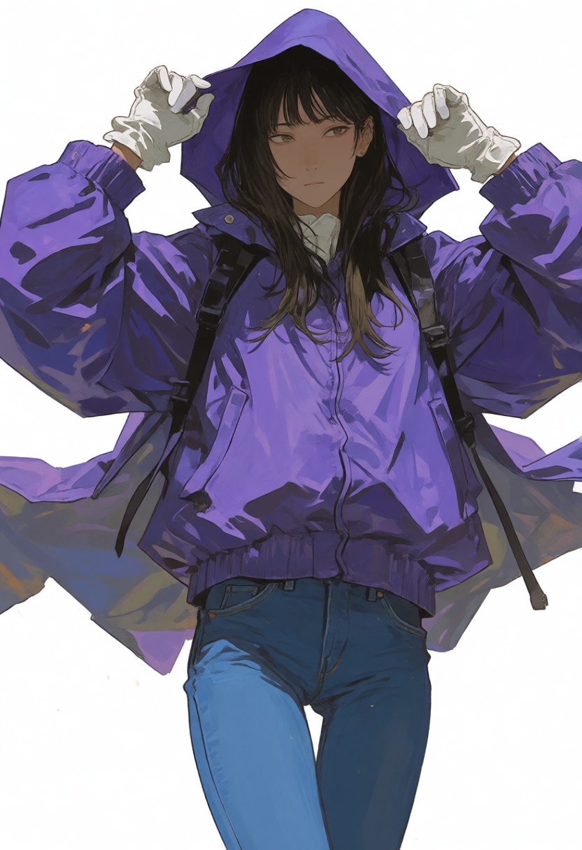 Create an niji-siji artwork in anime style. Depict a girl with dark brown hair,  long straight bob,  wearing blue jeans an...